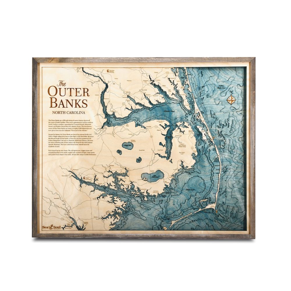 Outer Banks Nautical Map Wall Art Rustic Pine Accent Blue Green Water