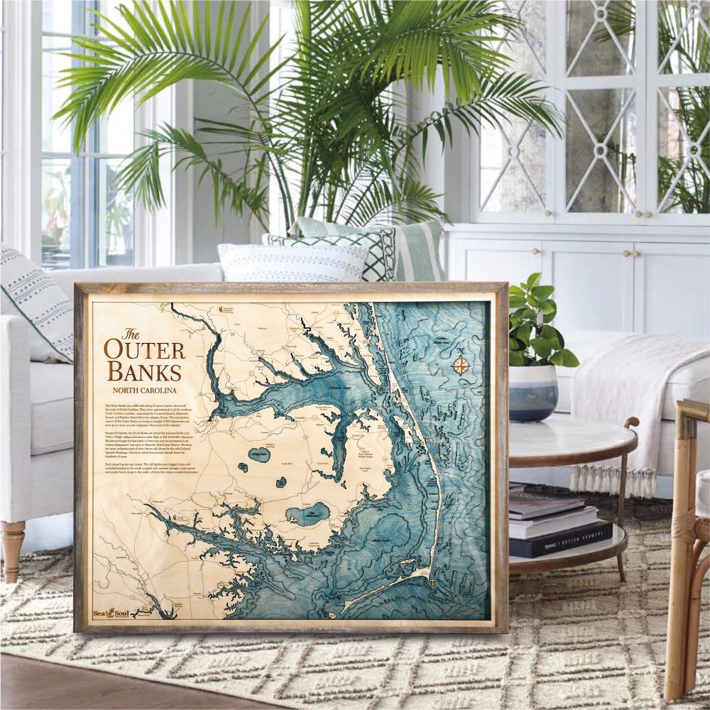 Outer Banks Nautical Map Wall Art Rustic Pine Accent Blue Green Water Sitting in Living Room by Coffee Table