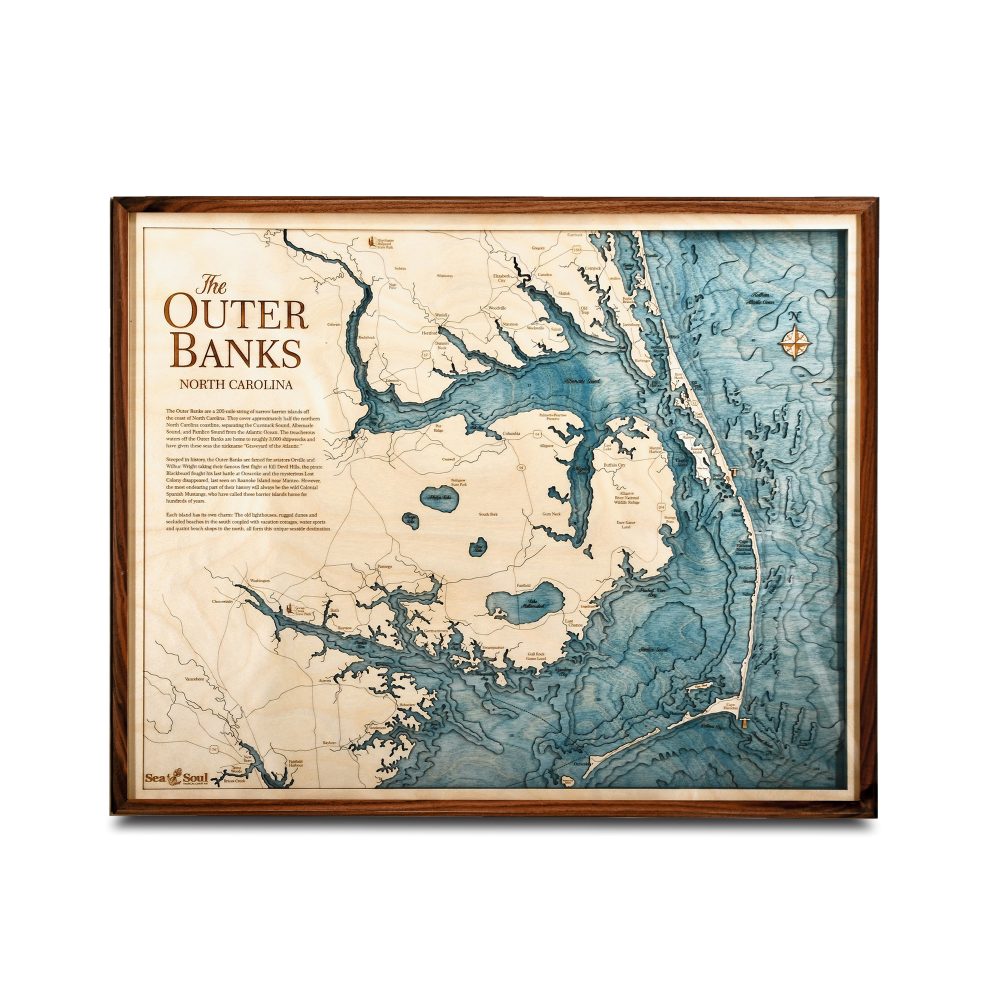 Outer Banks Nautical Map Wall Art Walnut Accent with Blue Green Water