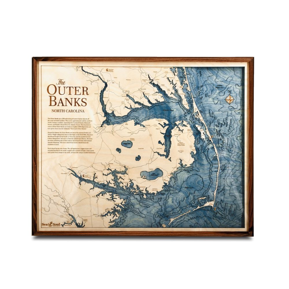 Outer Banks Nautical Map Wall Art Walnut Accent with Deep Blue Water