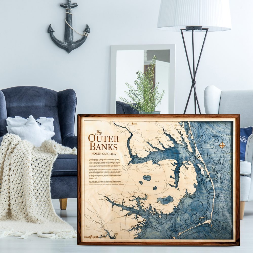 Outer Banks Nautical Map Wall Art Walnut Accent with Deep Blue Water Sitting in Living Room by Armchairs