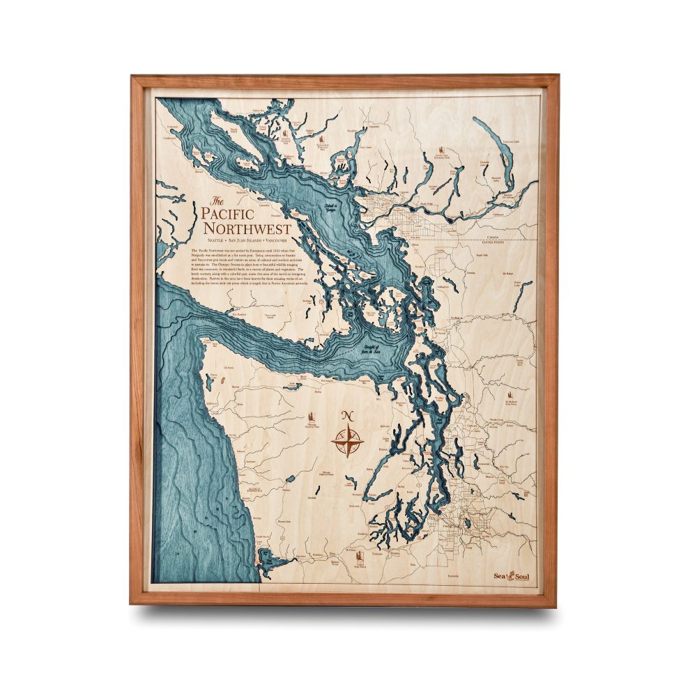 Pacific Northwest Nautical Map Wall Art Cherry Accent with Blue Green Water