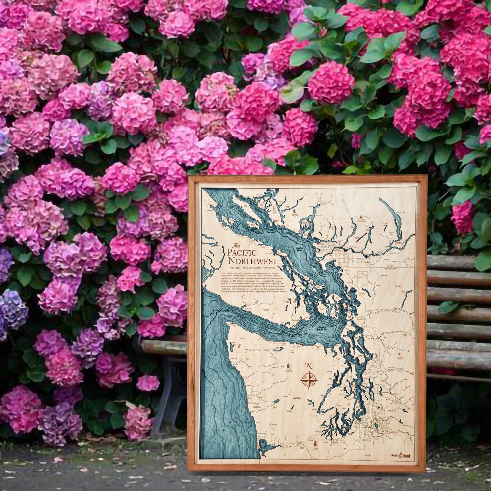 Pacific Northwest Nautical Map Wall Art Cherry Accent with Blue Green Water Sitting Outdoors by Flowers and Park Bench