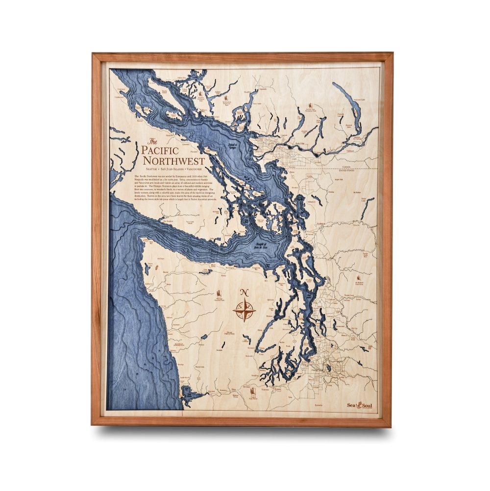 Pacific Northwest Nautical Map Wall Art Cherry Accent with Deep Blue Water