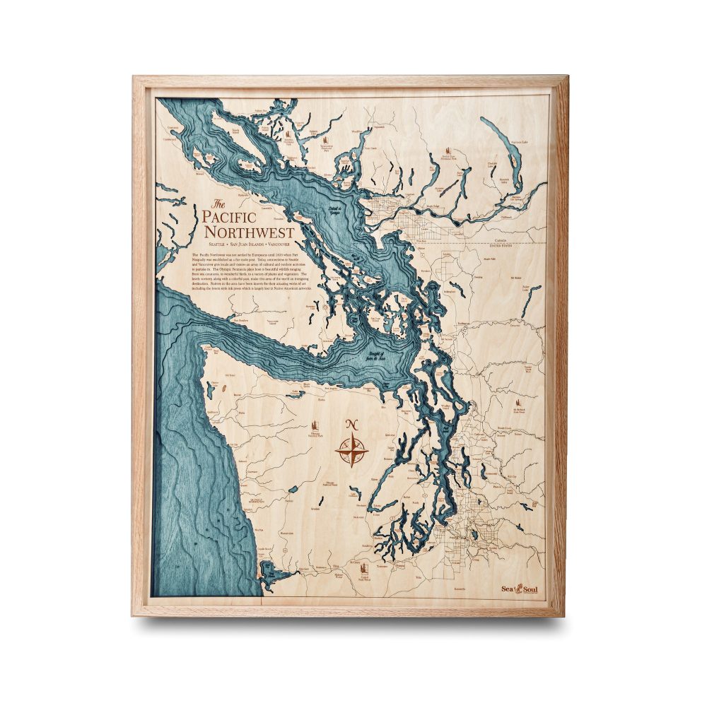 Pacific Northwest Nautical Map Wall Art Oak Accent with Blue Green Water