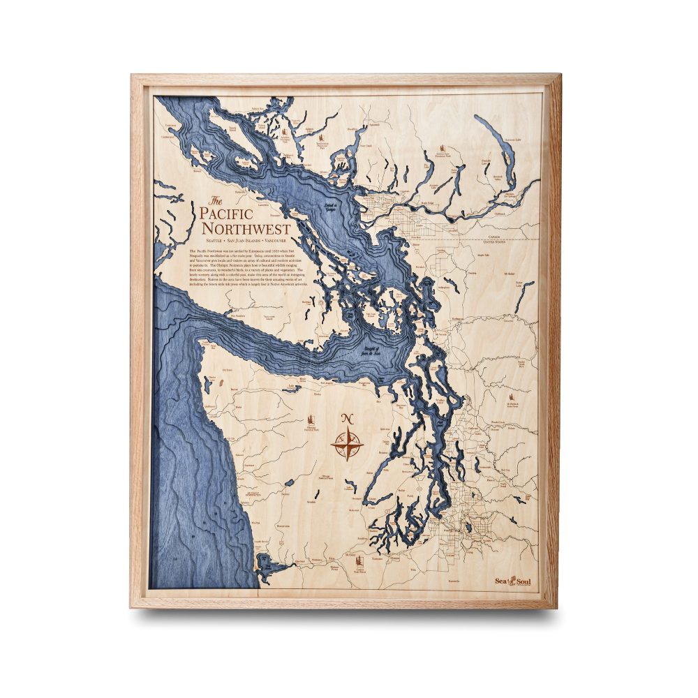 Pacific Northwest Nautical Map Wall Art Oak Accent with Deep Blue Water