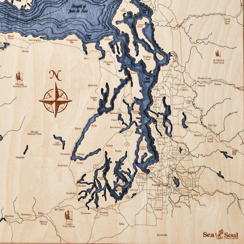 Pacific Northwest Nautical Map Wall Art Oak Accent with Deep Blue Water Detail Shot 1