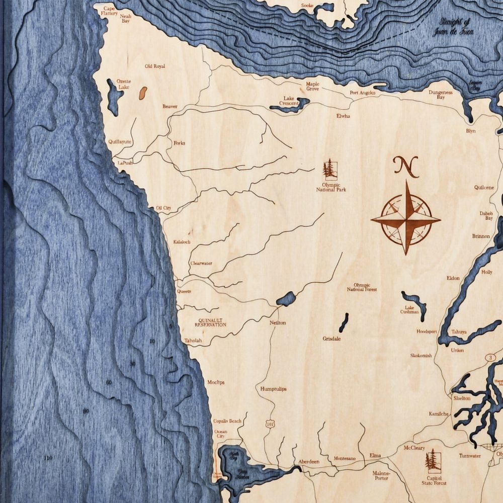 Pacific Northwest Nautical Map Wall Art Oak Accent with Deep Blue Water Detail Shot 3