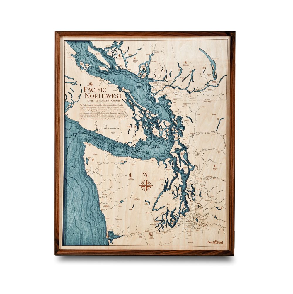 Pacific Northwest Nautical Map Wall Art Walnut Accent with Blue Green Water