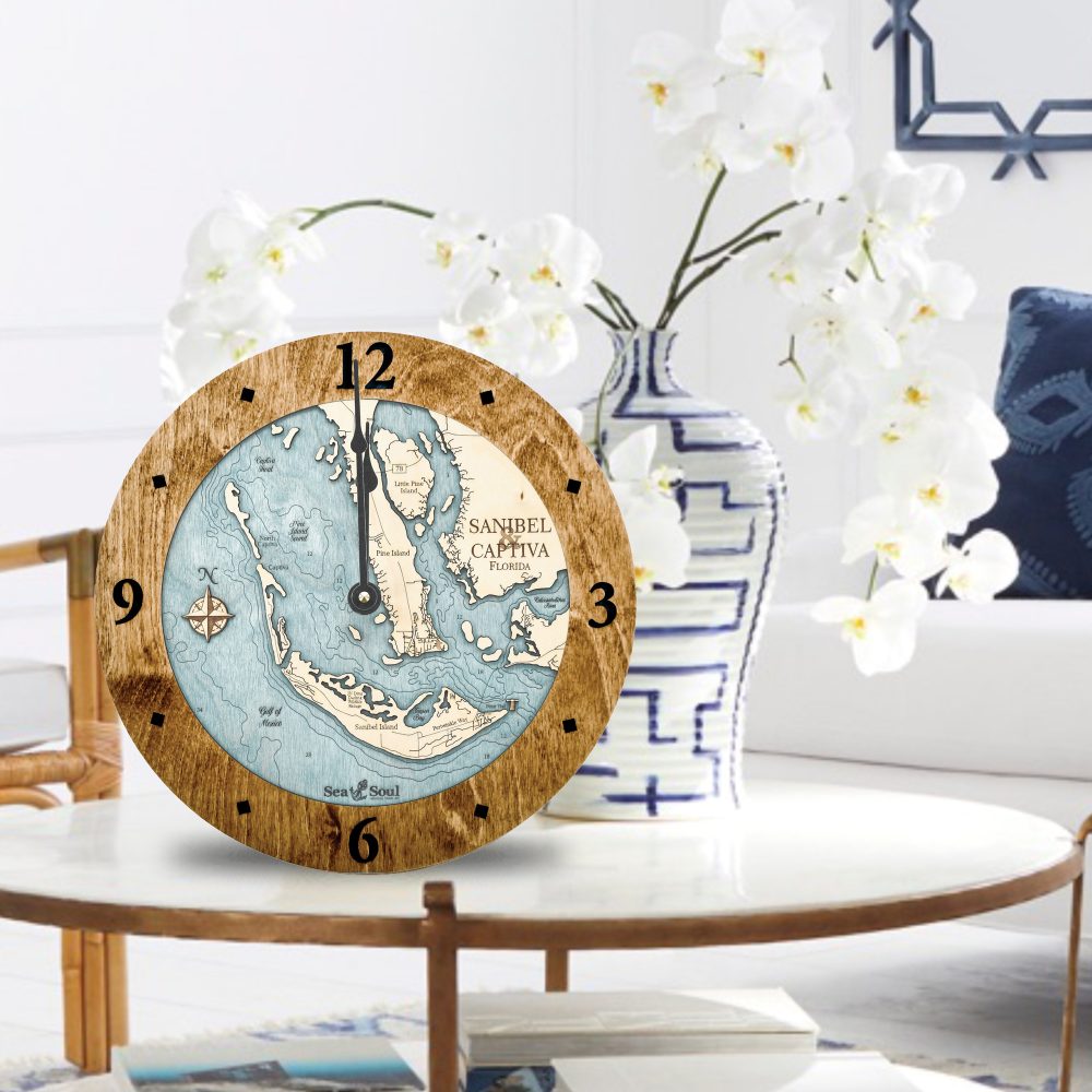 Sanibel & Captiva Nautical Clock Americana Accent with Blue Green Water on Table
