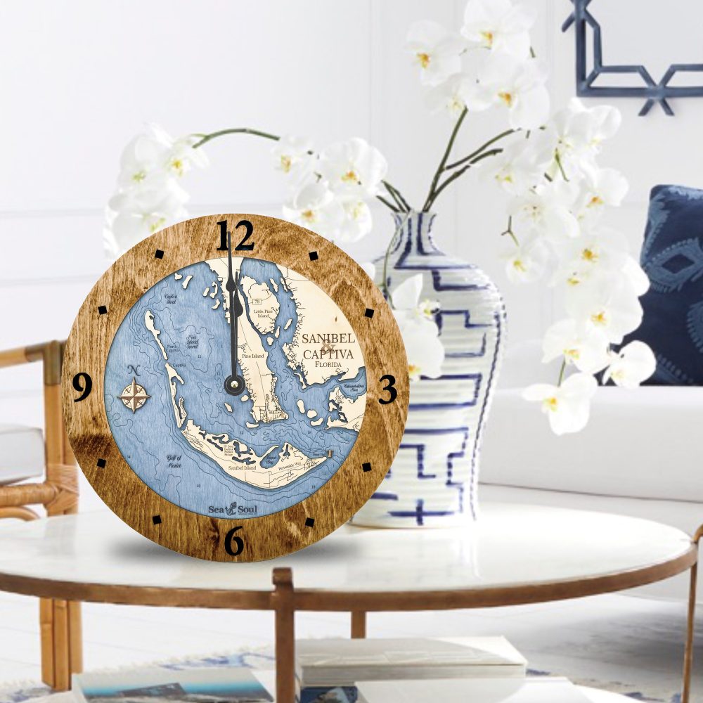 Sanibel & Captiva Nautical Clock Americana Accent with Deep Blue Water on Table