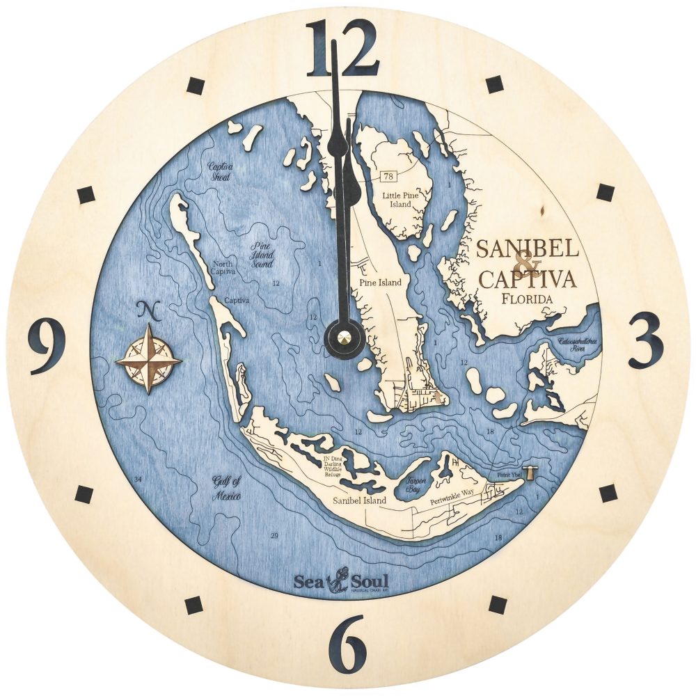 Sanibel & Captiva Nautical Clock Birch Accent with Deep Blue Water Product Shot
