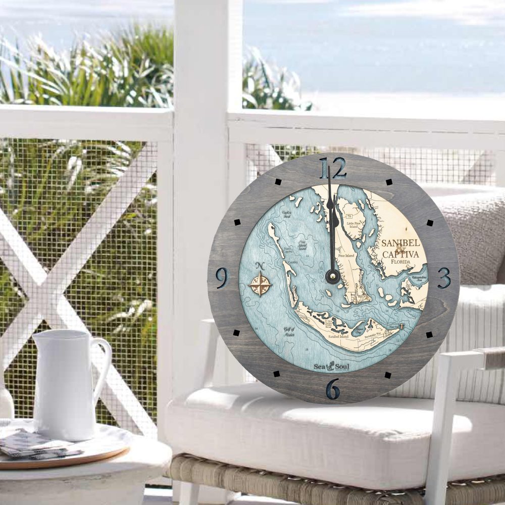 Sanibel & Captiva Nautical Clock Driftwood Accent with Blue Green Water on Chair