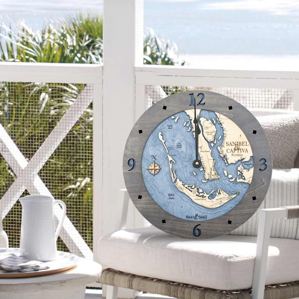 Sanibel & Captiva Nautical Clock Driftwood Accent with Deep Blue Water on Chair