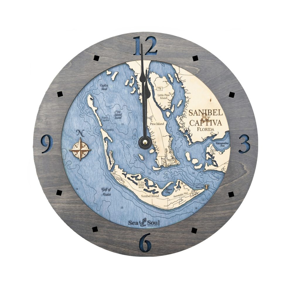 Sanibel & Captiva Nautical Clock Driftwood Accent with Deep Blue Water