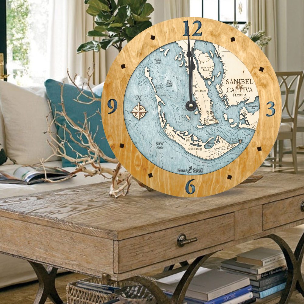Sanibel & Captiva Nautical Clock Honey Accent with Blue Green Water on Table