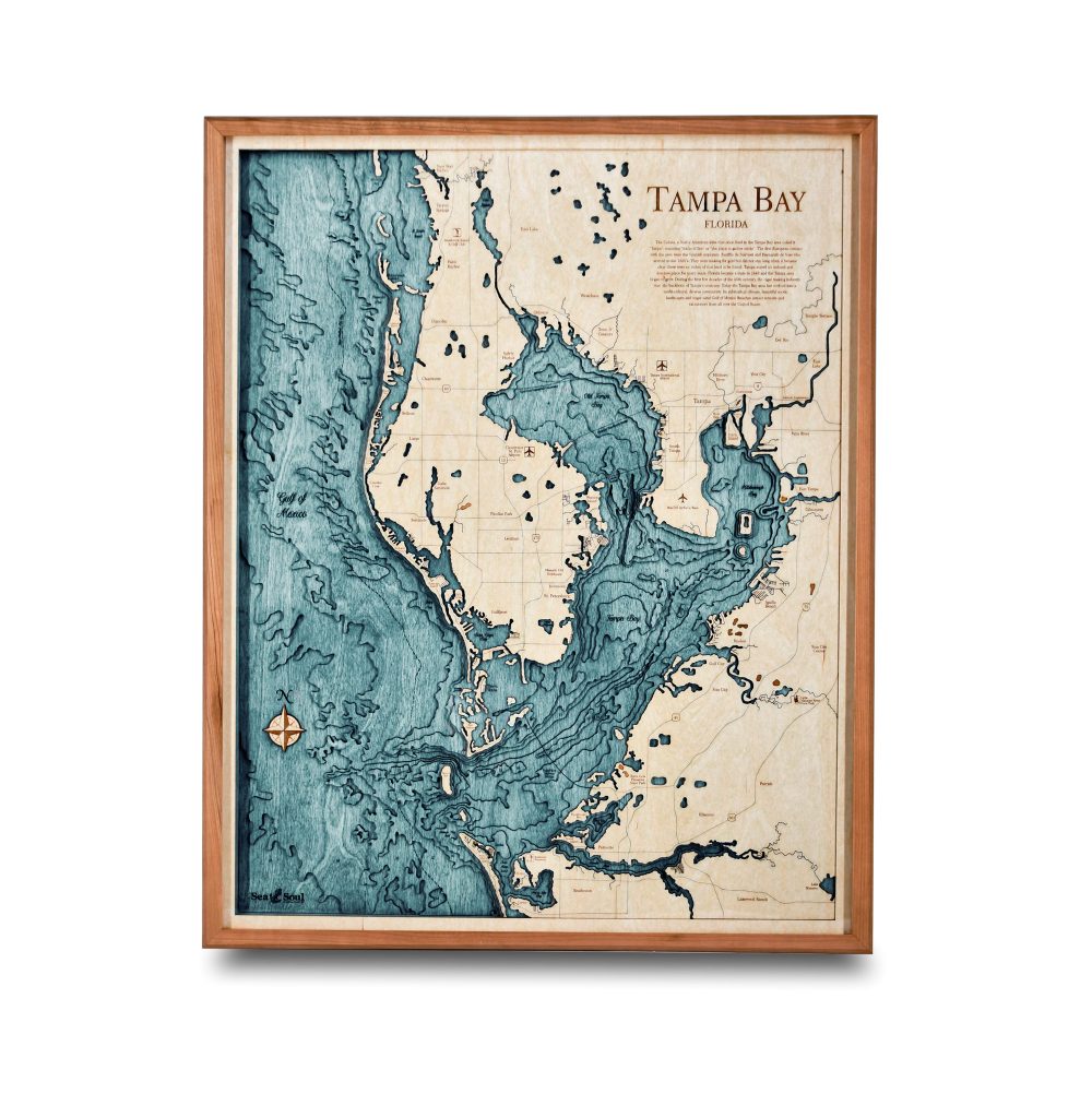 Tampa Bay Nautical Map Wall Art Cherry Accent with Blue Green Water