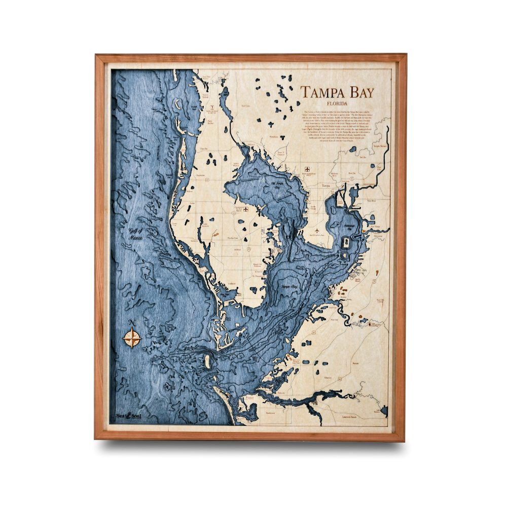 Tampa Bay Nautical Map Wall Art Cherry Accent with Deep Blue Water