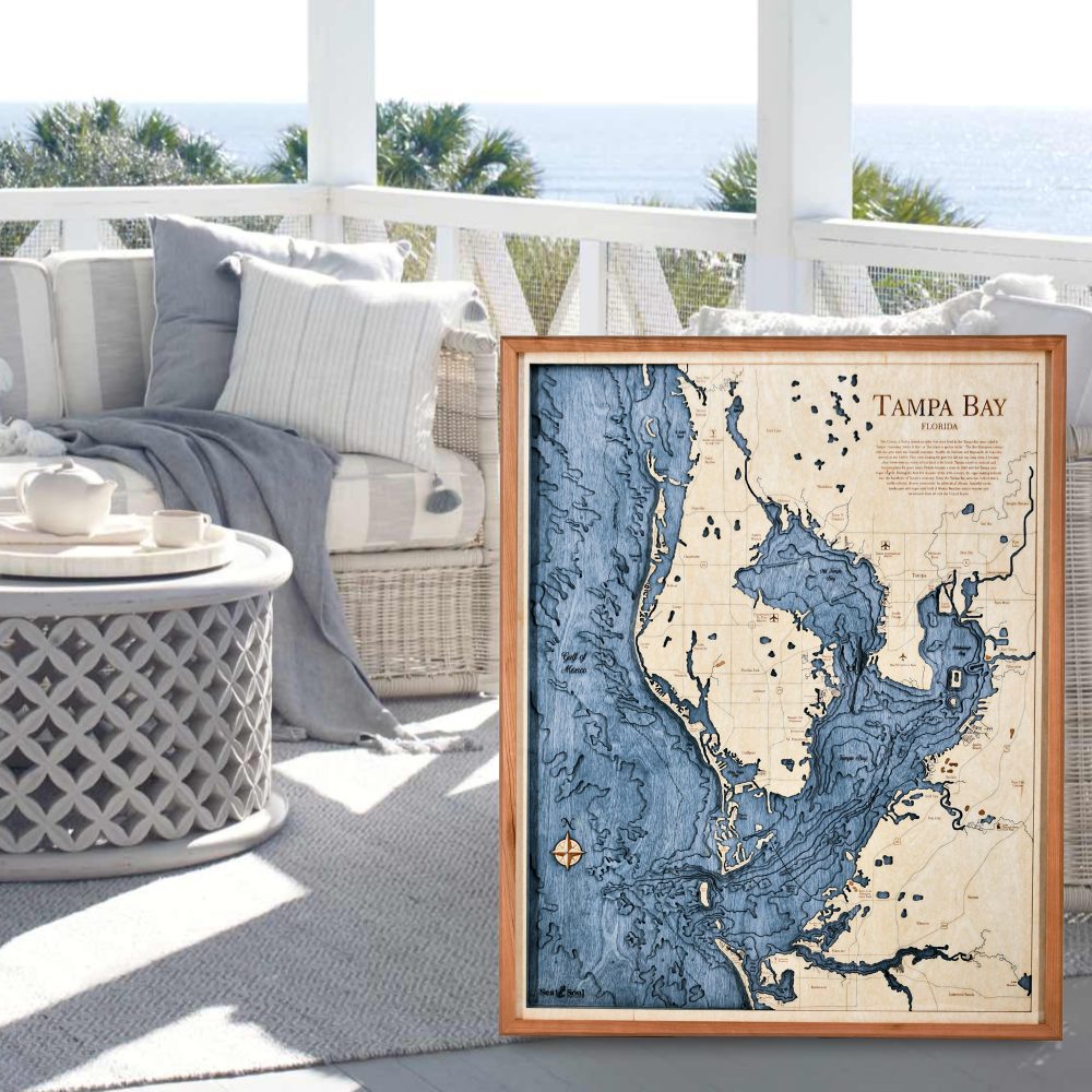 Tampa Bay Nautical Map Wall Art Cherry Accent with Deep Blue Water Sitting on Back Porch by Outdoor Furniture