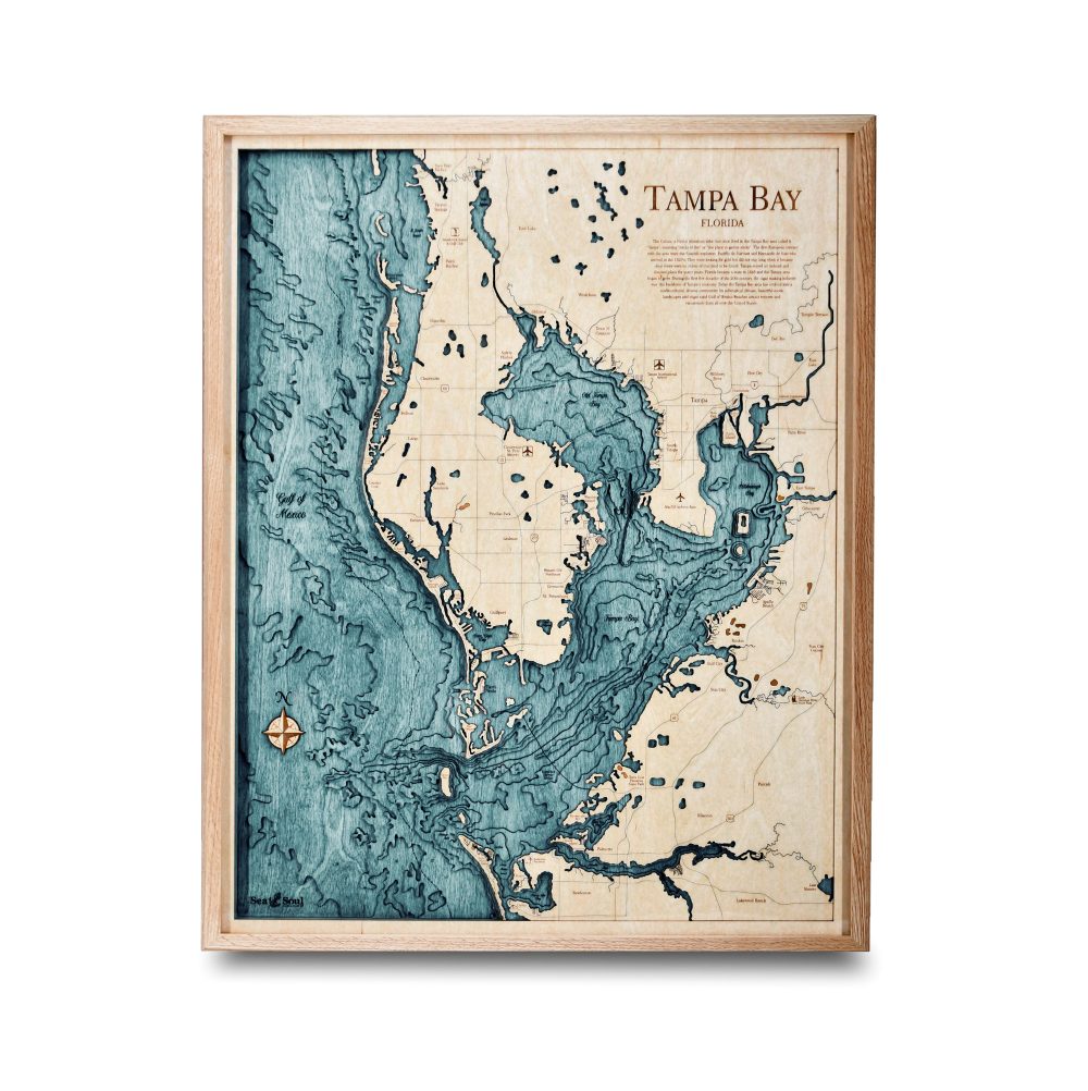 Tampa Bay Nautical Map Wall Art Oak Accent with Blue Green Water