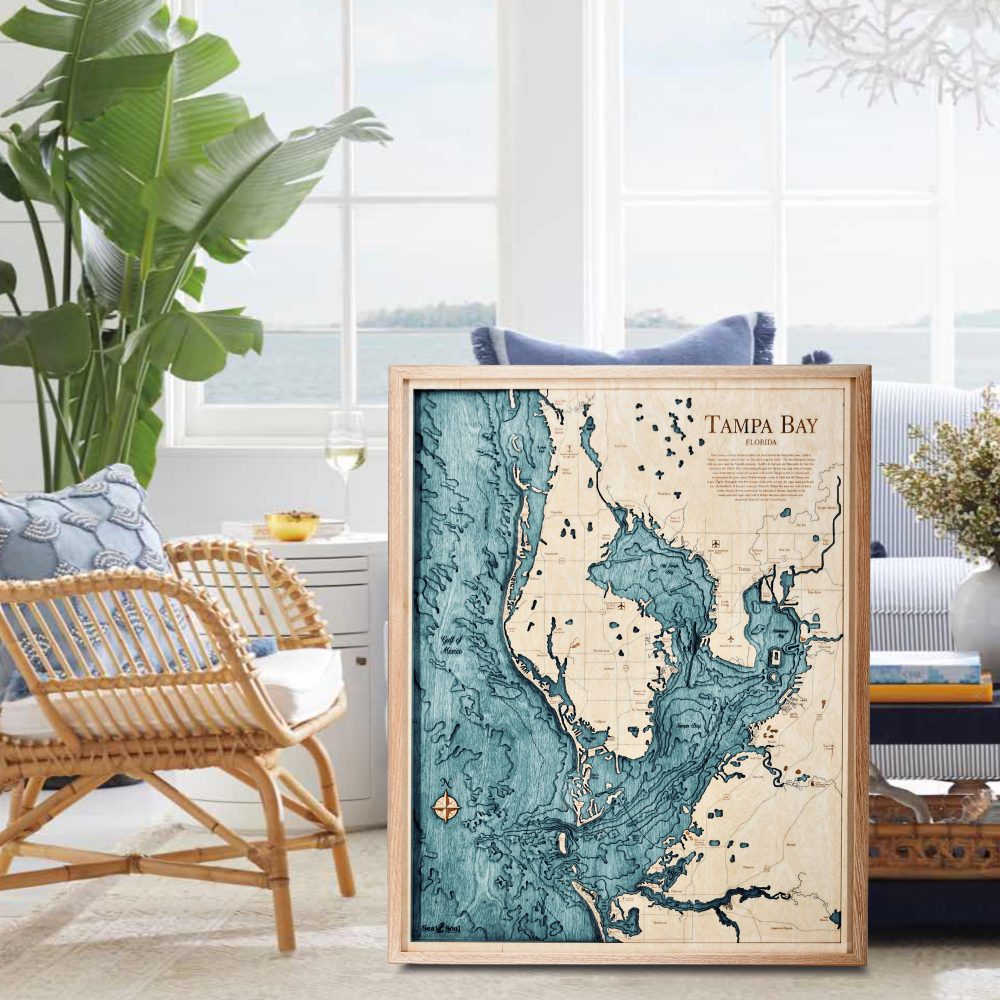 Tampa Bay Nautical Map Wall Art Oak Accent with Blue Green Water Sitting in Living Room by Armchair and Coffee Table