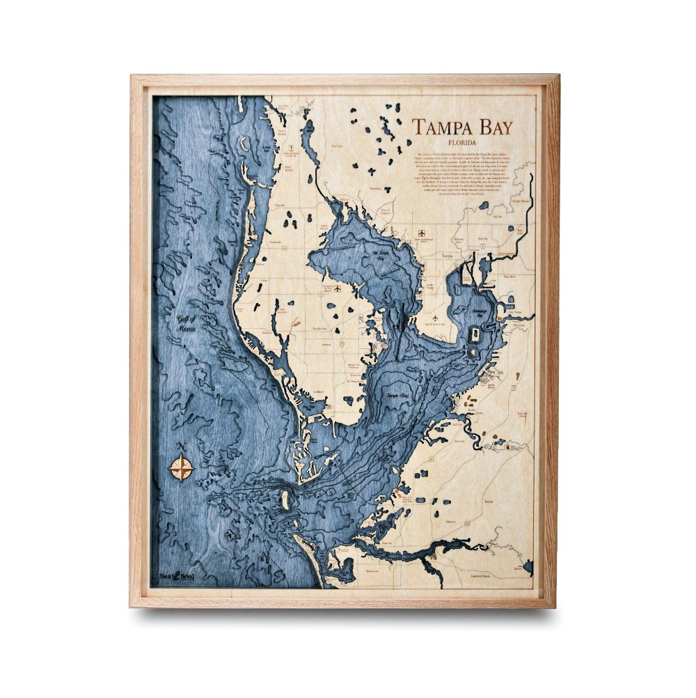 Tampa Bay Nautical Map Wall Art Oak Accent with Deep Blue Water