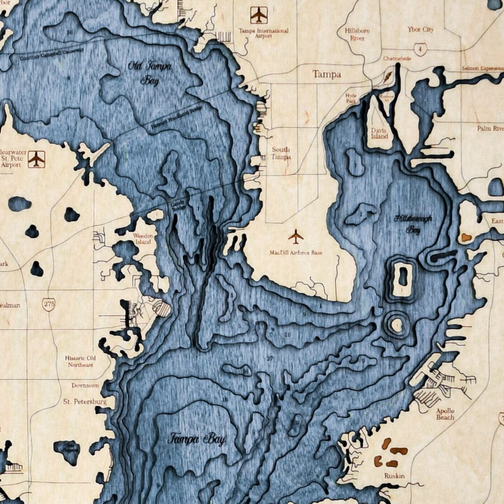 Tampa Bay Nautical Map Wall Art Oak Accent with Deep Blue Water Detail Shot 1