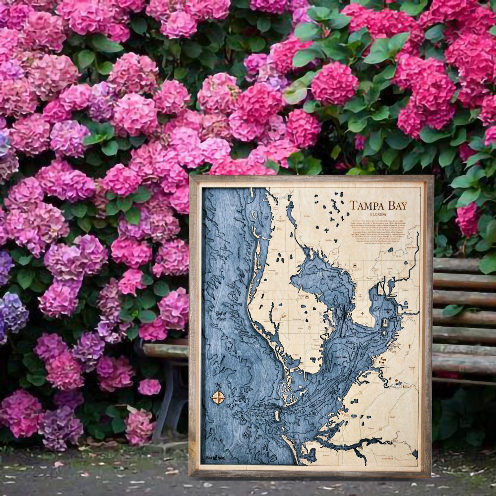 Tampa Bay Nautical Map Wall Art Rustic Pine Accent with Deep Blue Water Sitting Outside by Bench and Flowers