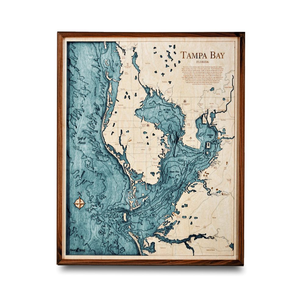 Tampa Bay Nautical Map Wall Art Walnut Accent with Blue Green Water