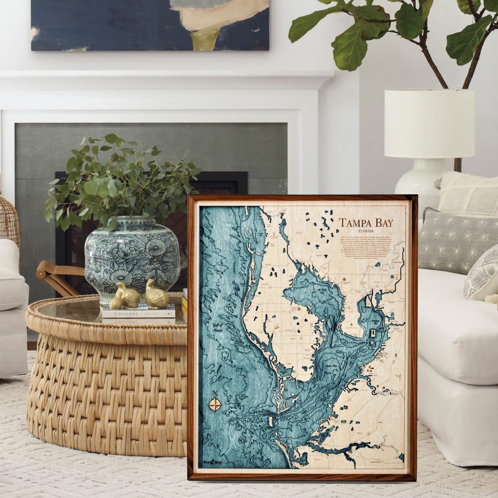 Tampa Bay Nautical Map Wall Art Walnut Accent with Blue Green Water Sitting in Living Room by Coffee Table