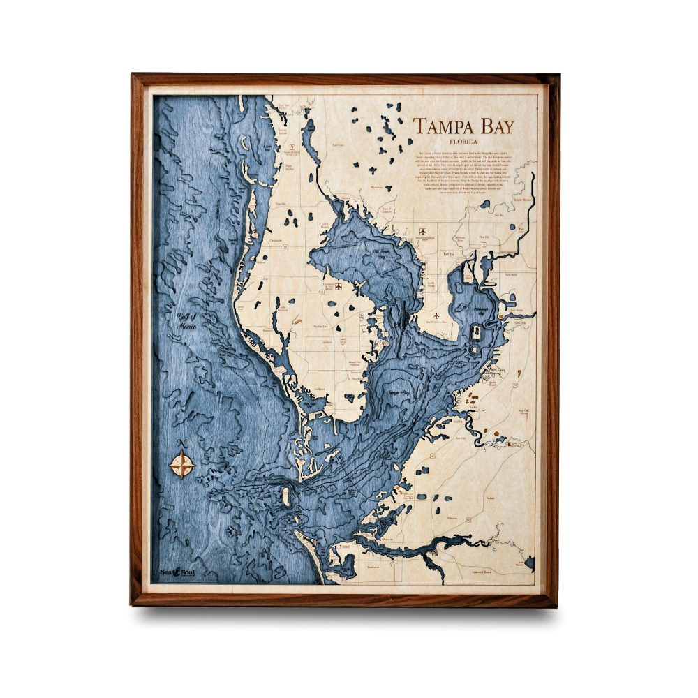 Tampa Bay Nautical Map Wall Art Walnut Accent with Deep Blue Water