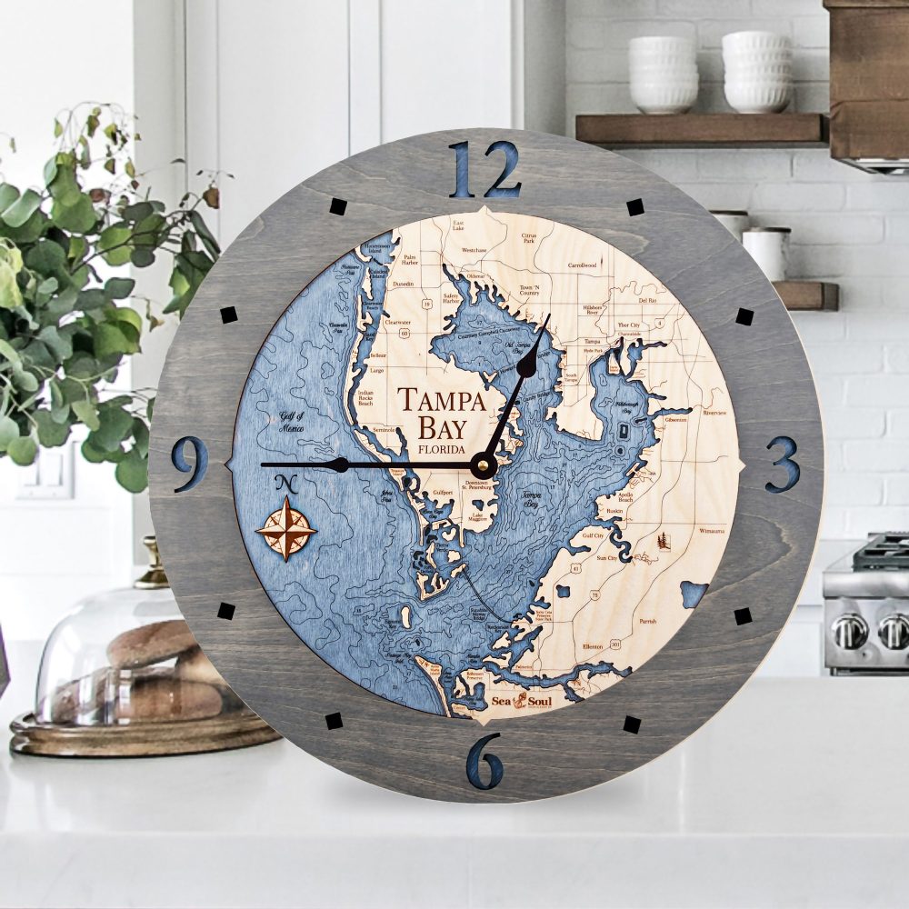 Tampa Bay Nautical Clock Driftwood Accent with Deep Blue Water on Counter