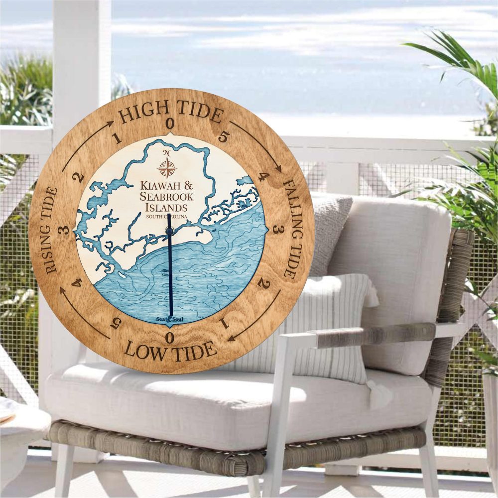 Kiawah & Seabrook Islands Tide Clock Americana Accent with Blue Green Water in Use