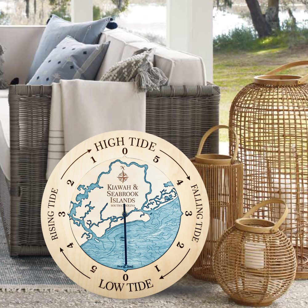 Kiawah & Seabrook Islands Tide Clock Birch Accent with Blue Green Water in Use