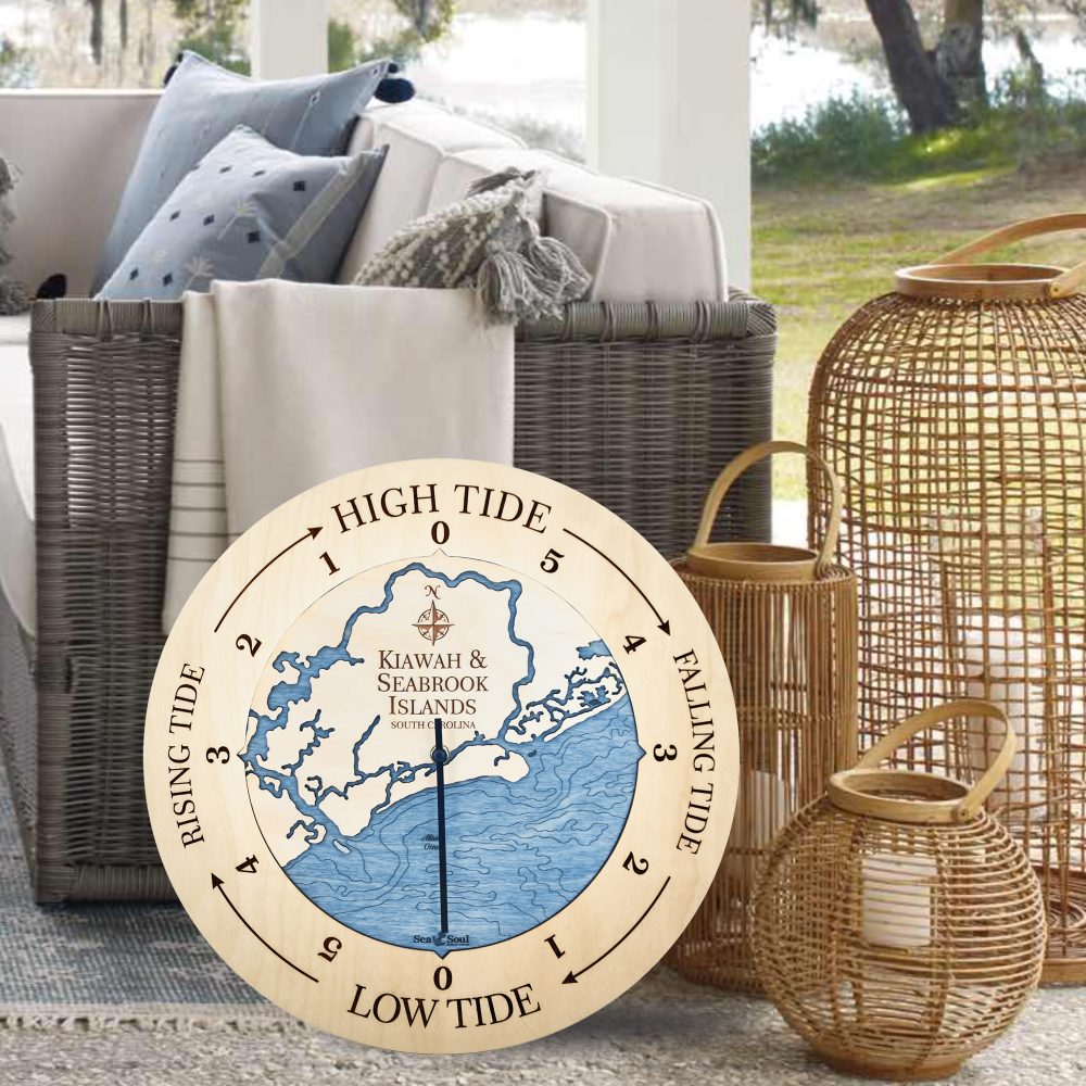 Kiawah & Seabrook Islands Tide Clock Birch Accent with Deep Blue Accent in Use