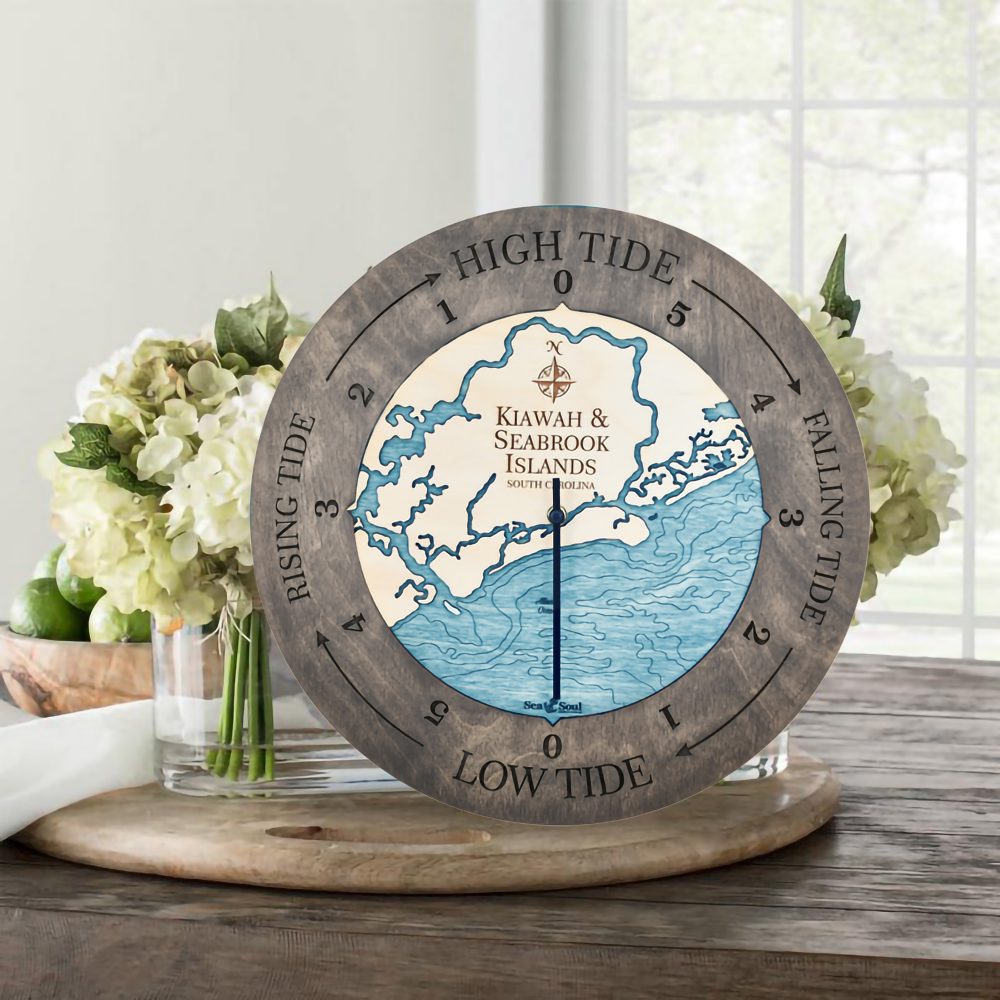 Kiawah & Seabrook Islands Tide Clock Driftwood Accent with Blue Green Water in Use