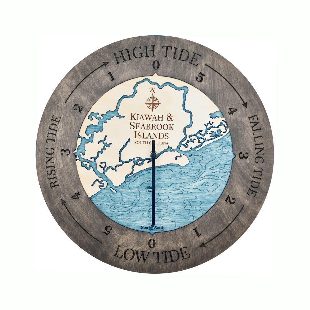 Kiawah & Seabrook Islands Tide Clock Driftwood Accent with Blue Green Water