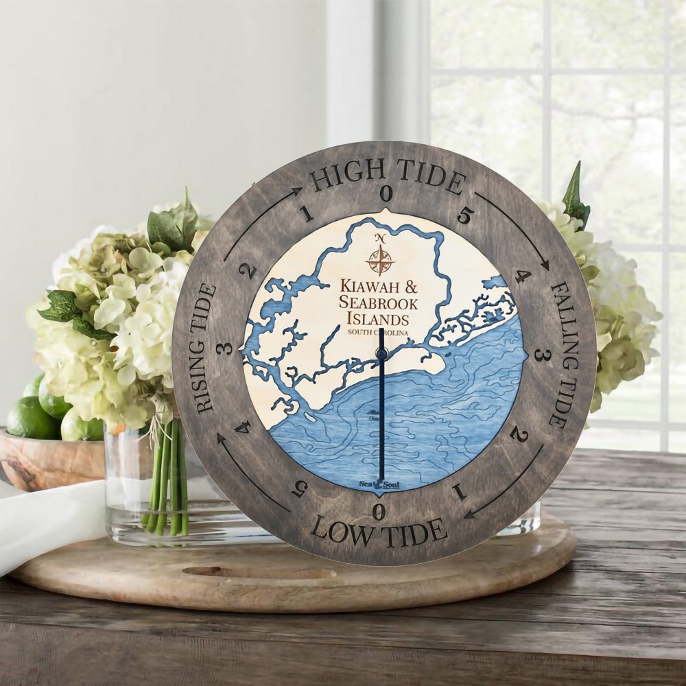 Kiawah & Seabrook Islands Tide Clock Driftwood Accent with Deep Blue Water in Use