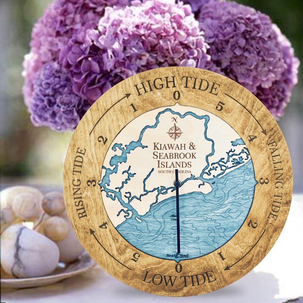 Kiawah & Seabrook Islands Tide Clock Honey Accent with Blue Green Water in Use