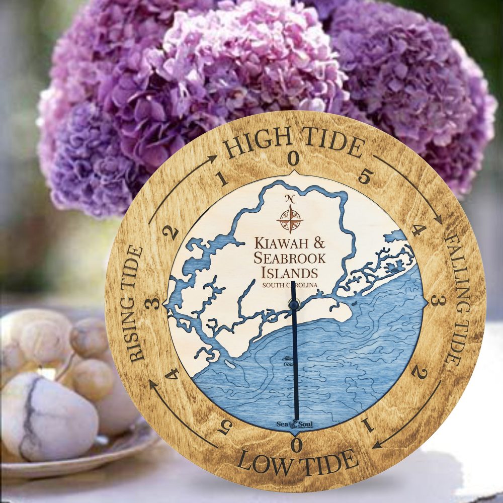 Kiawah & Seabrook Islands Tide Clock Honey Accent with Deep Blue Water in Use
