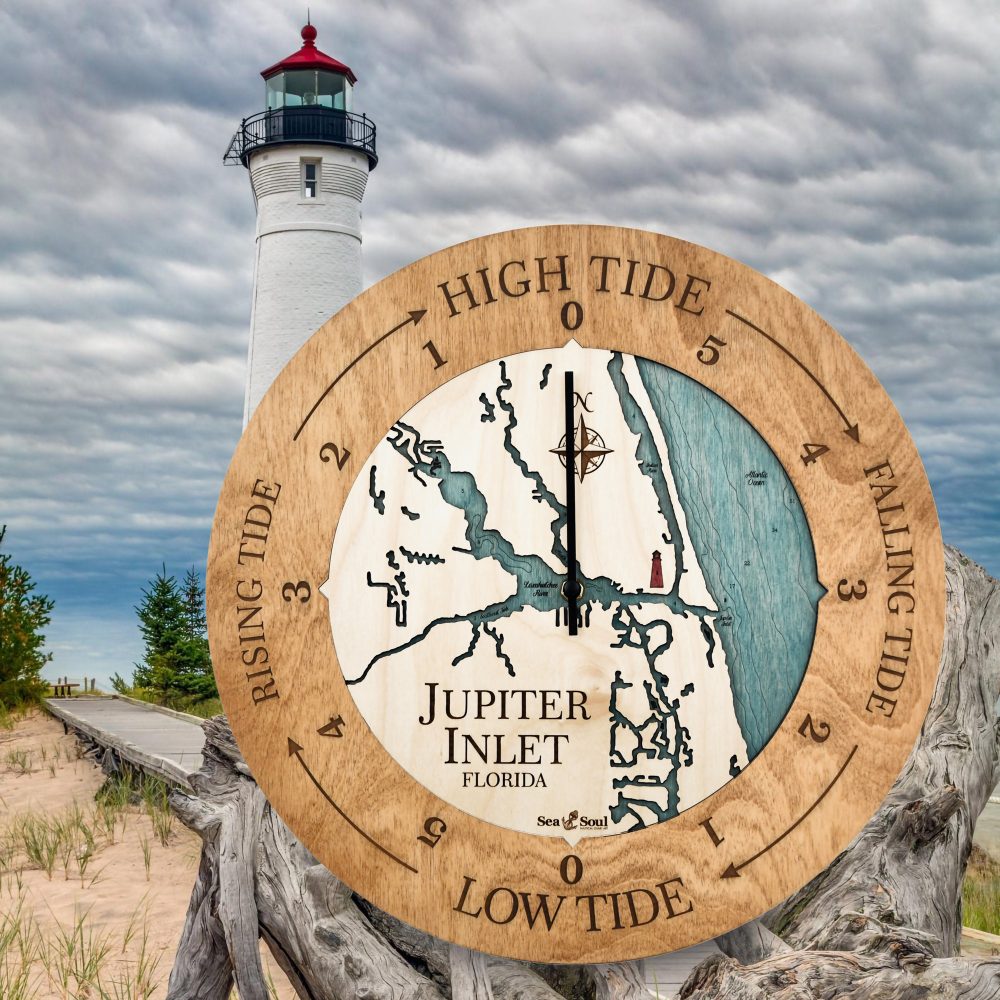 Jupiter Inlet Tide Clock Americana Accent with Blue Green Water by Lighthouse and Waterfront