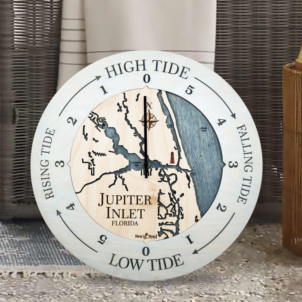 Jupiter Inlet Tide Clock Bleach Blue Accent with Deep Blue Water Sitting by Outdoor Chair
