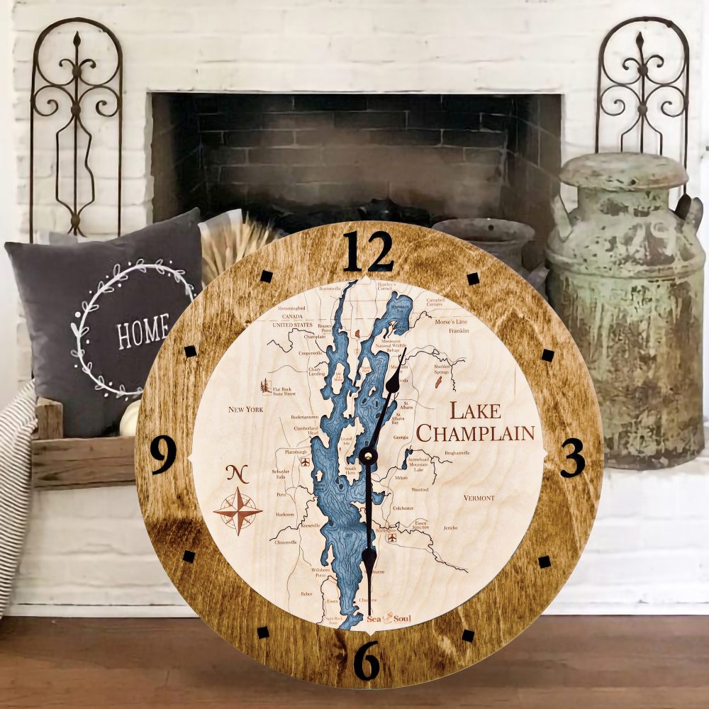 Lake Champlain Nautical Clock Americana Accent with Deep Blue Water by Fireplace