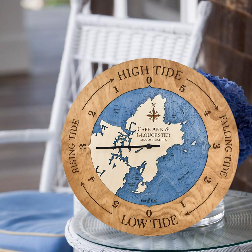 Cape Ann & Gloucester Tide Clock Americana Accent with Deep Blue Water in Use