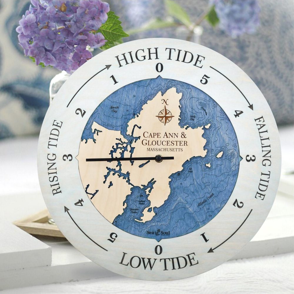 Cape Ann & Gloucester Tide Clock Bleach Blue Accent with Deep Blue Water in Use