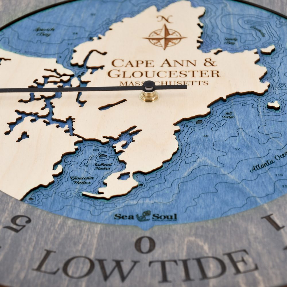 Cape Ann & Gloucester Tide Clock Driftwood Accent with Deep Blue Water Detail Shot 1