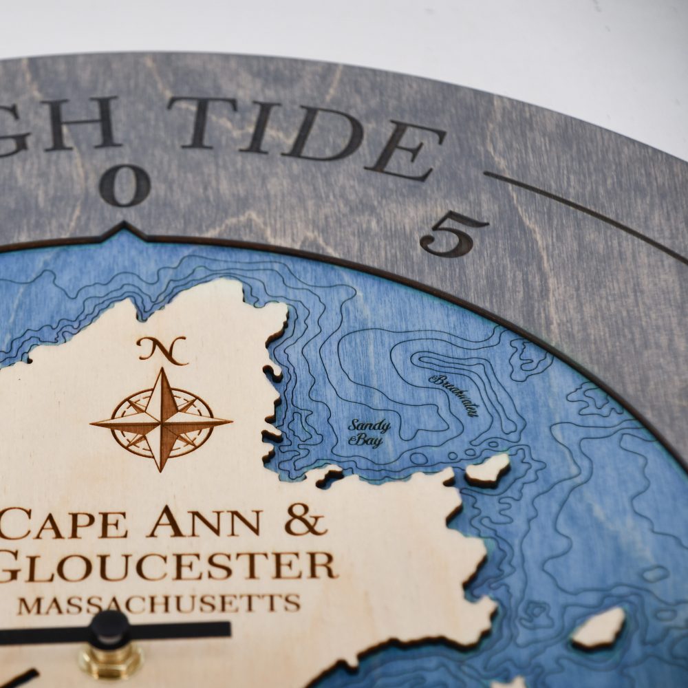 Cape Ann & Gloucester Tide Clock Driftwood Accent with Deep Blue Water Detail Shot 2