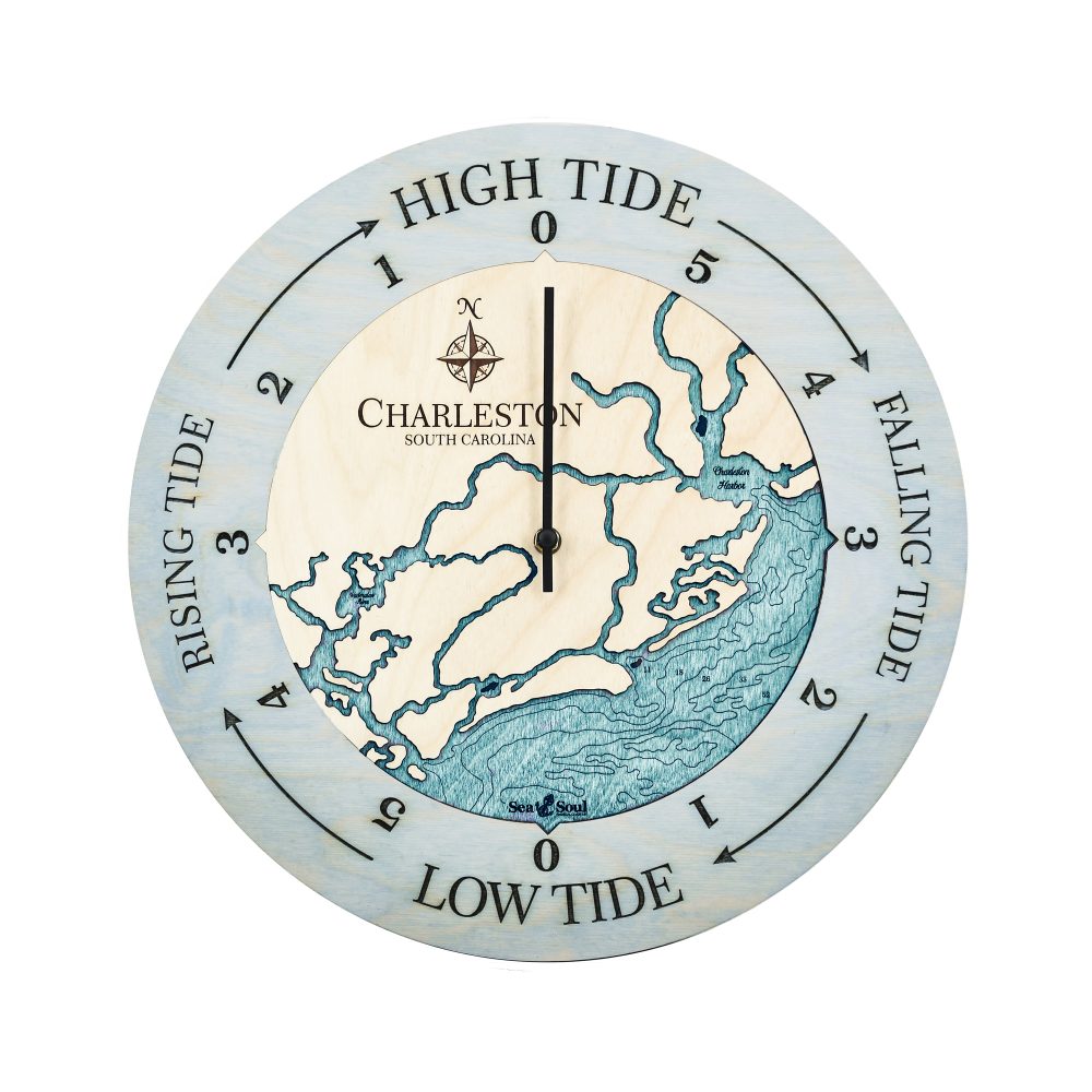 Charleston South Carolina Tide Clock Bleach Blue Accent with Blue Green Water