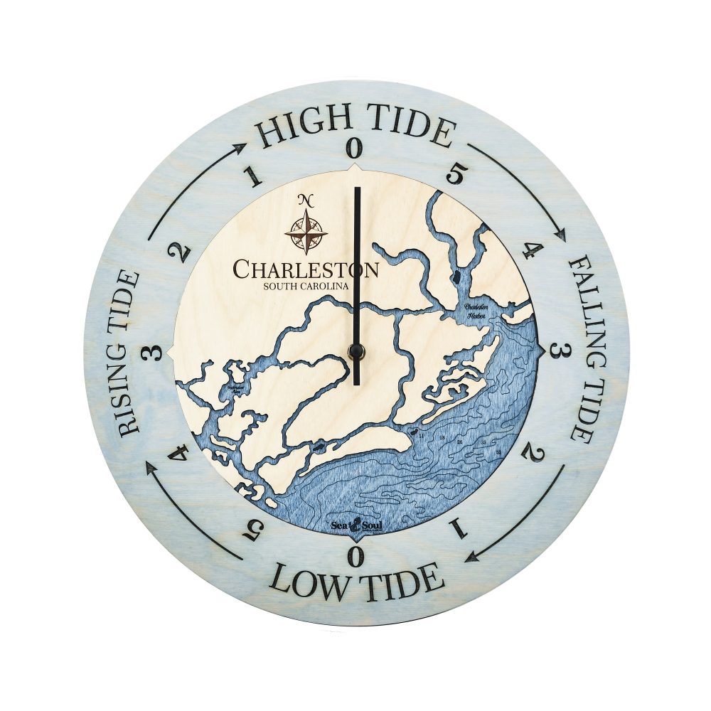 Charleston South Carolina Tide Clock Bleach Blue Accent with Deep Blue Water