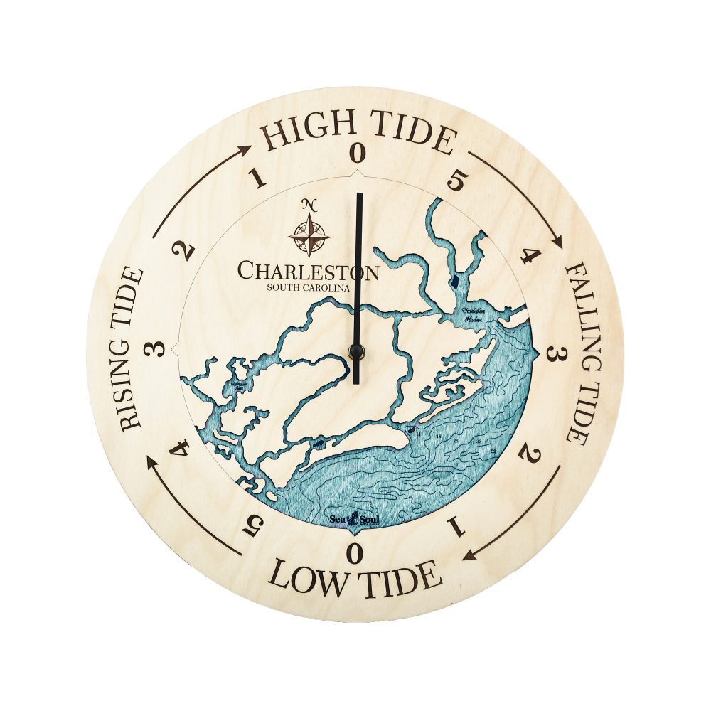 Charleston South Carolina Tide Clock Birch Accent with Blue Green Water